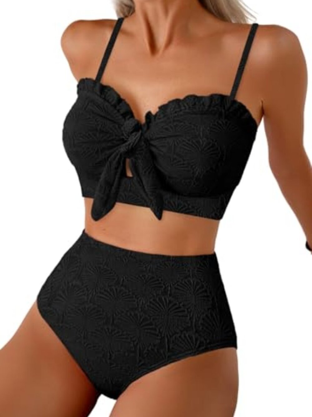 Women's Seashell Textured Bikini Sets Knotted Front 2‎ Piece Swimsuits Ruffle